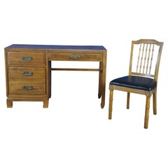 Retro Davis Cabinet Co Teakwood Student Writing Desk & Faux Bamboo Chair