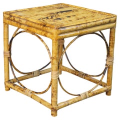 Vintage Scorched Bamboo Geometric Side Table Plant Stand Boho Chic Tortoise