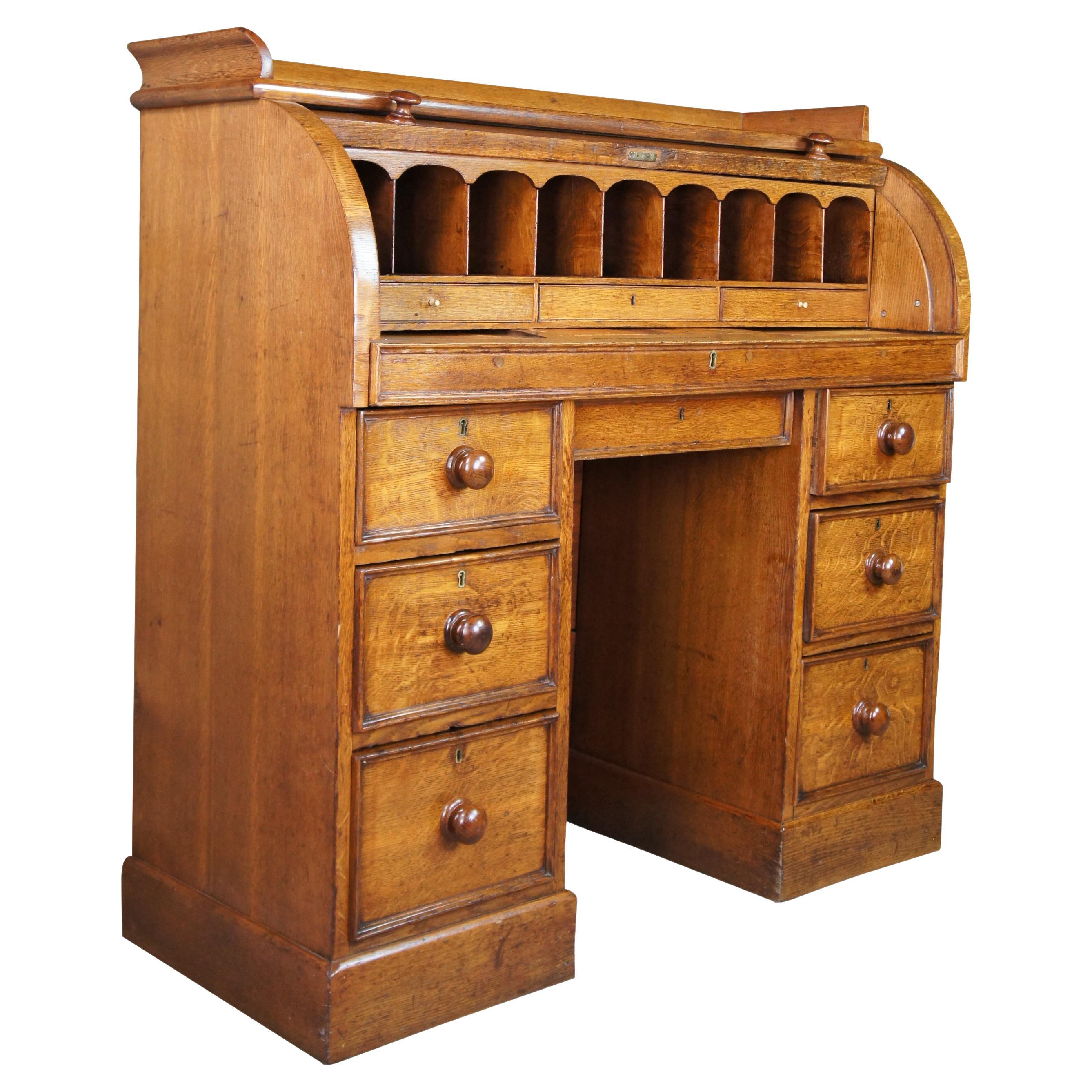 Antique 19thC English Victorian Hobbs Kneehole Cylinder Roll Writing Bureau Desk For Sale
