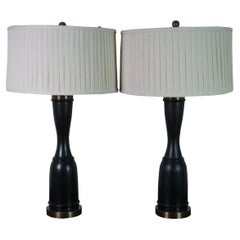 2 Vintage Ebonized Wood & Brass Designer Trophy Table Lamps Pair