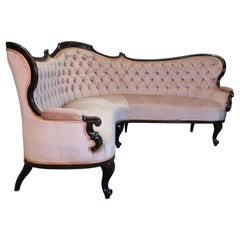 Rare Antique Victorian Walnut Tufted Serpentine Parlor Corner Sofa Settee Couch