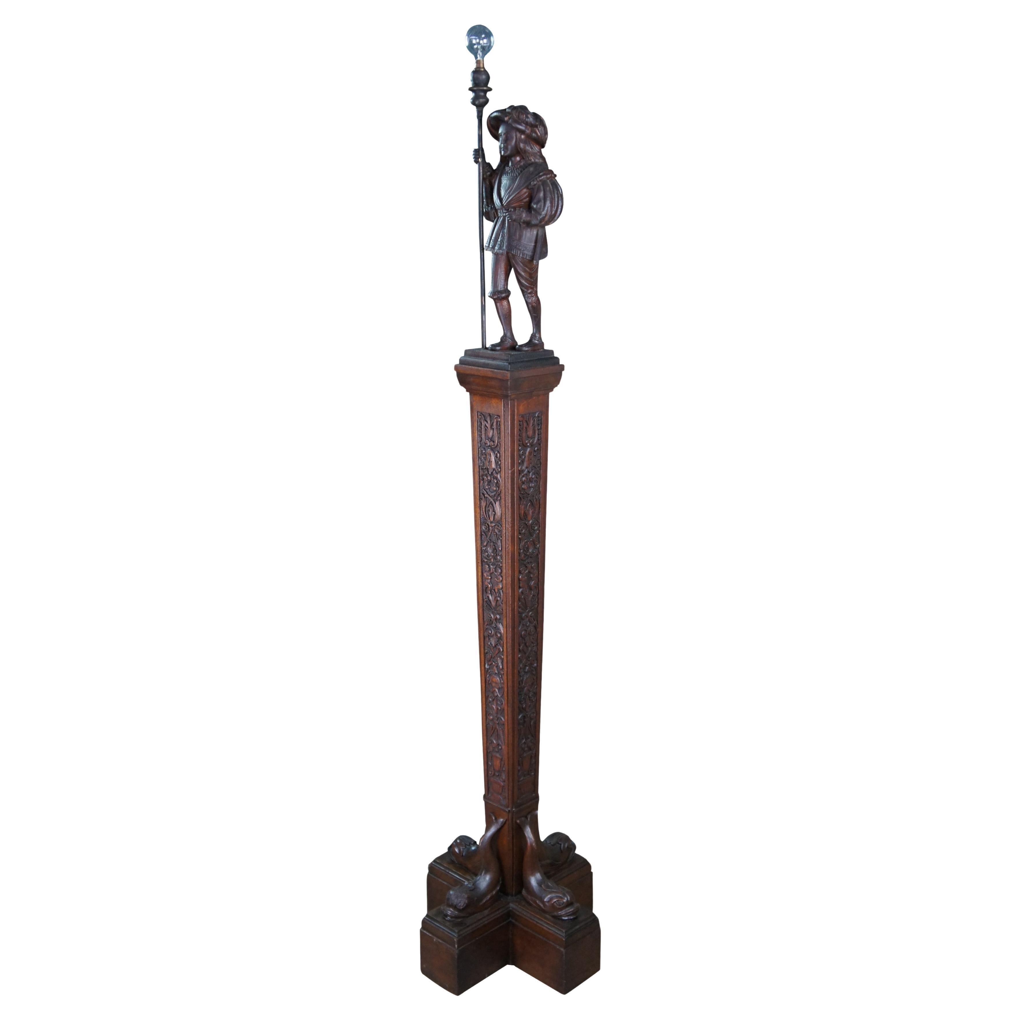 Rare Antique Hubbell Carved Oak Figural Dolphins Library Column Floor Lamp