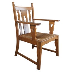 Antique Arts & Crafts Oak Rush Seat Pierced Clover Club Lounge Arm Chair