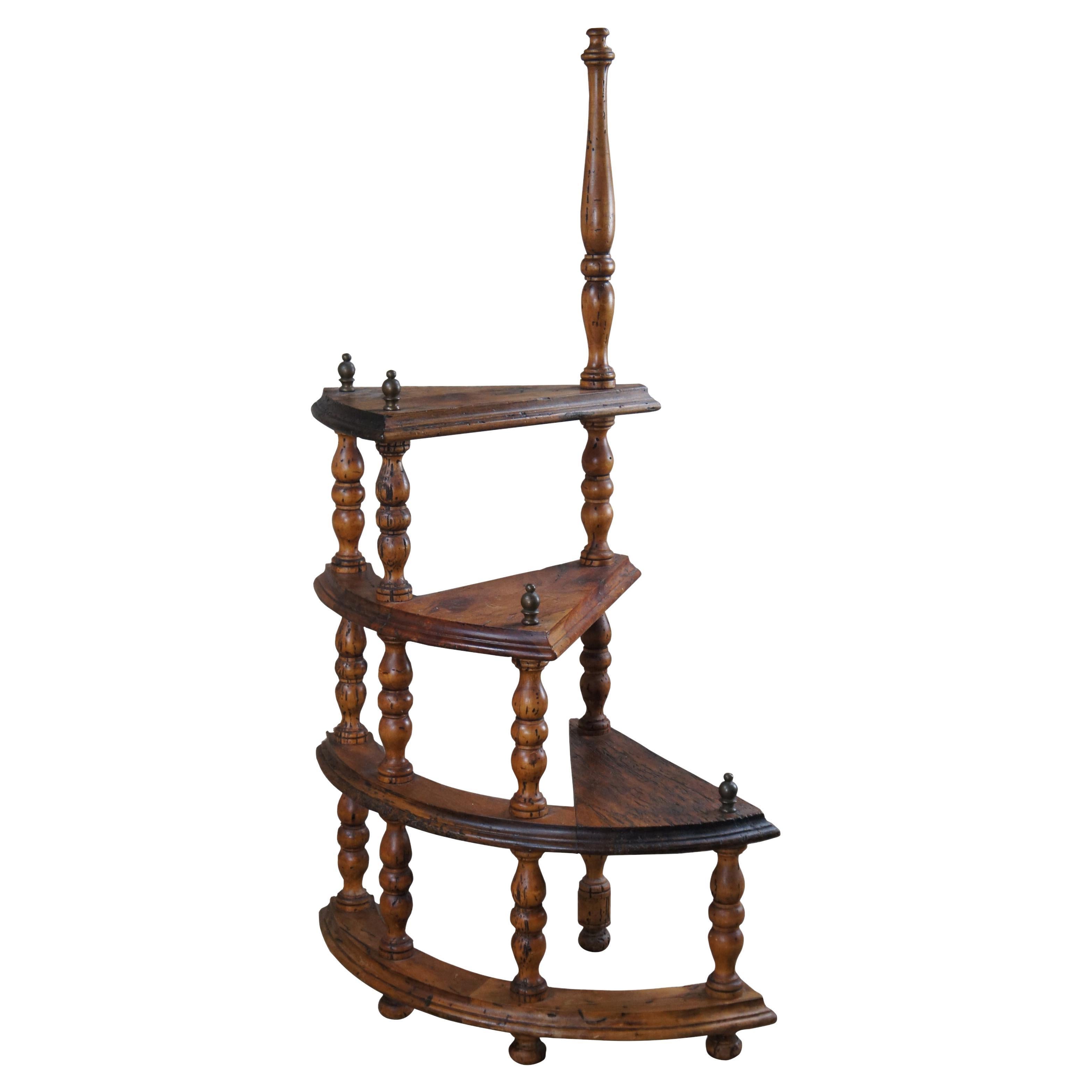 Mid Century Walnut 3 Tier Spiral Library Book Staircase Step Ladder Brass For Sale