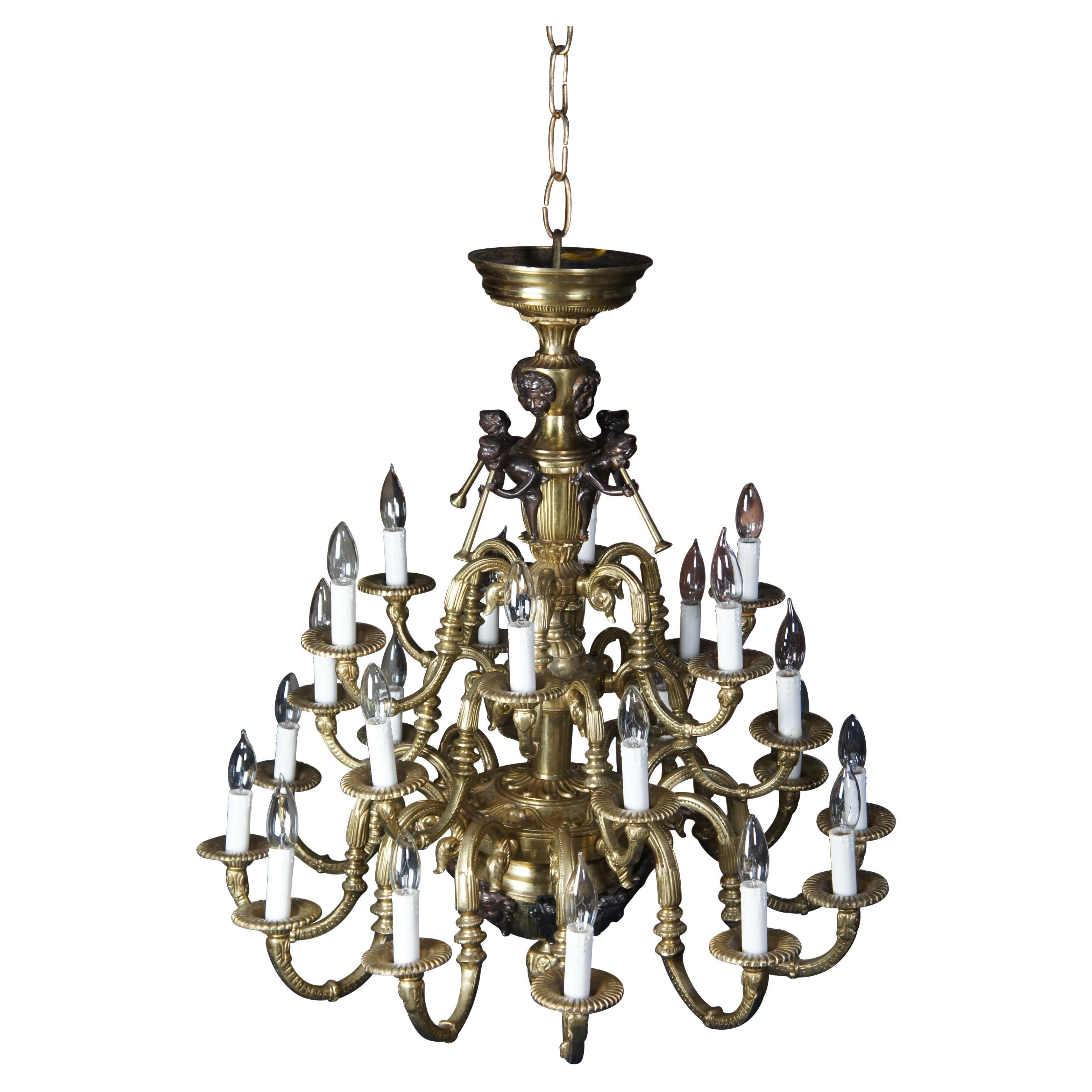 French Louis XV Gilt Bronze Cherub Angel Trumpet 24 Arm Chandelier 33" For Sale