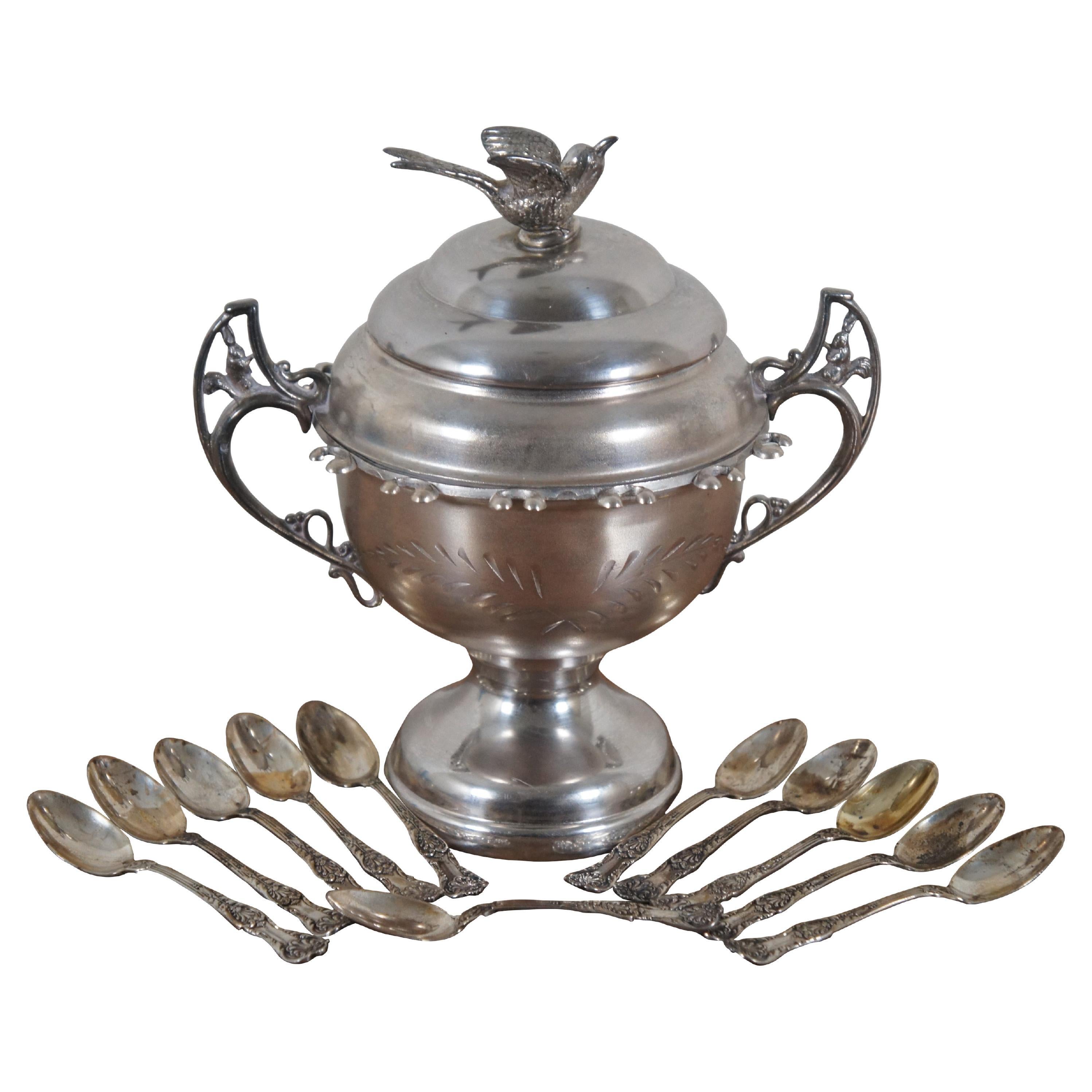 Antique William Roger Quadruple Plate Sugar Bowl & Gorham Sterling Silver Spoons