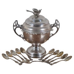Antique William Roger Quadruple Plate Sugar Bowl & Gorham Sterling Silver Spoons