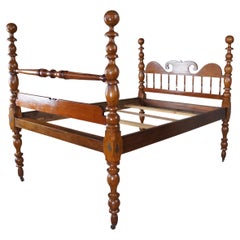 Antique 19th Century Cherry Colonial Non Traditional 3/4 Cannonball Post Bed