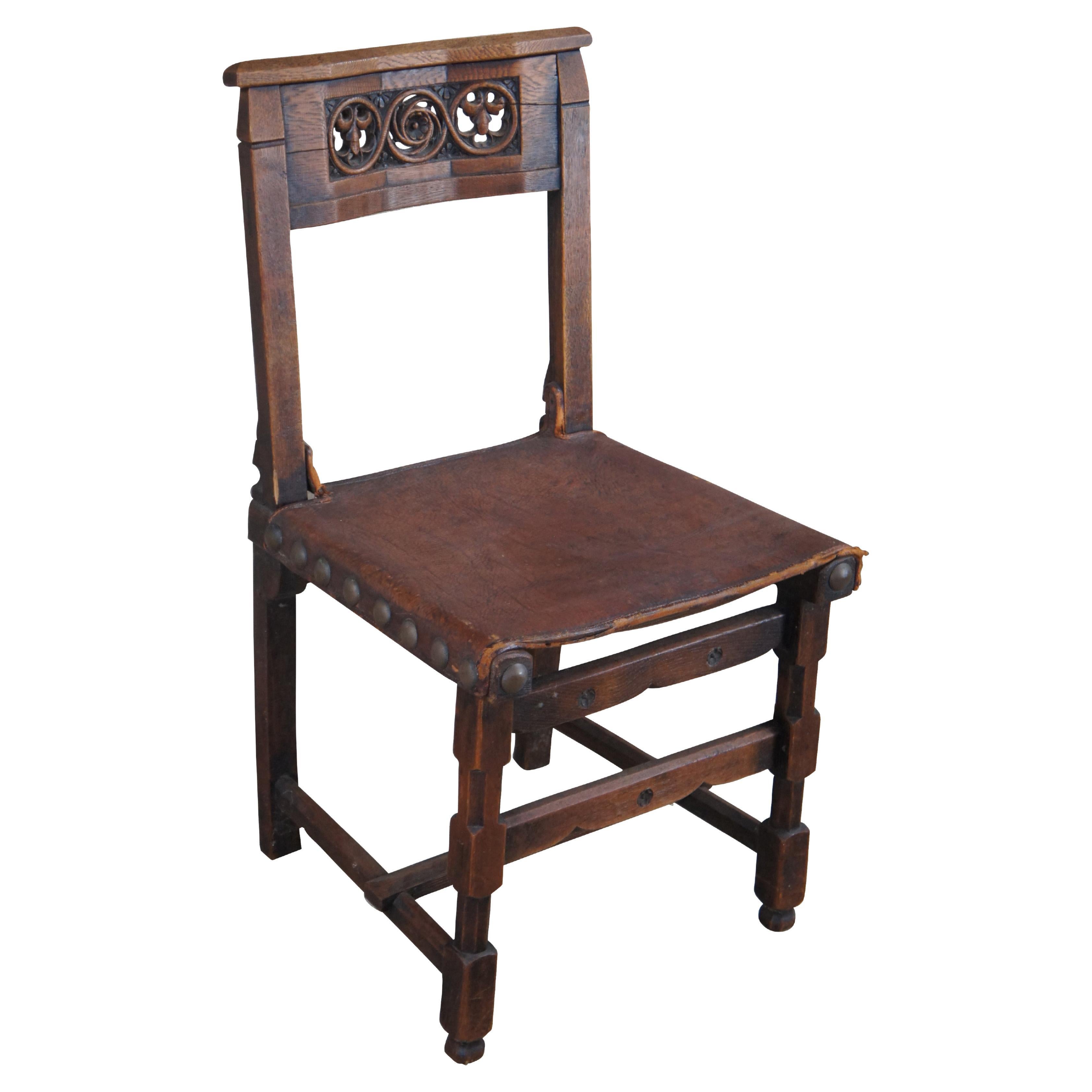 Antique Spanish Revival Quartersawn Oak Leather Nailhead Side Chair
