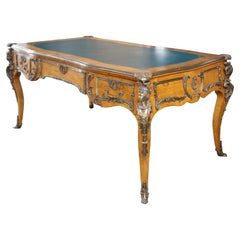 Vintage French Louis XV Style Figural Maple Burl Writing Desk Napoleon Bureau Plat 72"