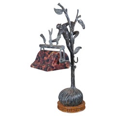 Vintage Maitland Smith Figural Bronze Monkey Desk Lamp With Pen Shell Shade 27"