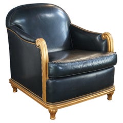 Grafton Furniture Französisch Art Deco Schwarzes Leder & Gold Library Club Loungesessel