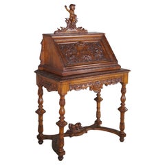 Antique Italian Renaissance Revival Walnut Figural Carved Writing Desk 52"