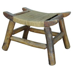 Antiguo taburete de ordeño rústico americano temprano Shaker Tejido de junco Asiento de yute 18"