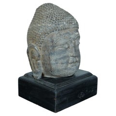 Vintage Carved Stone Meditating Buddha Head Statue Bust on Wood Plinth 12"