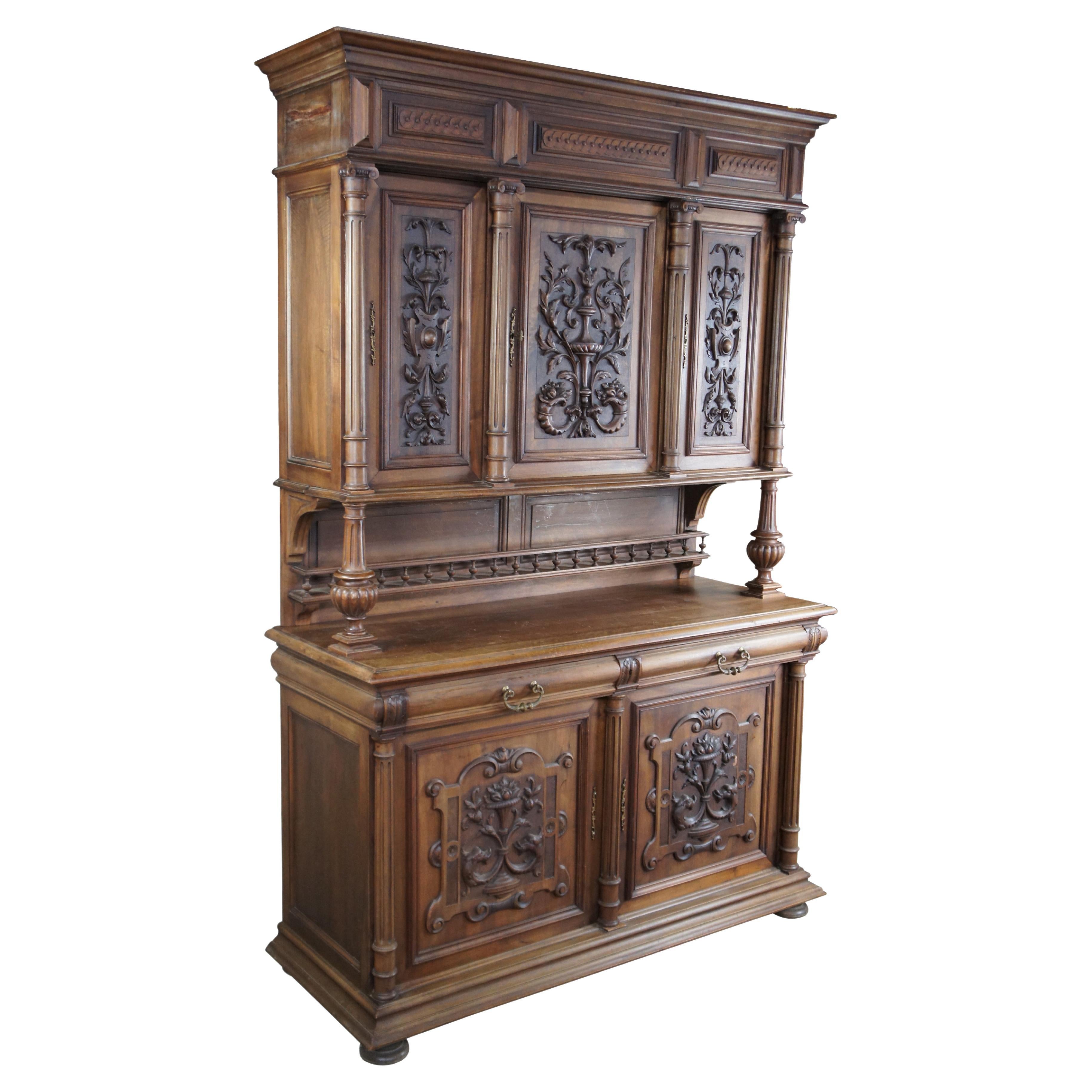 Antique French Renaissance Revival Walnut Buffet Cabinet Cupboard Hutch 94"