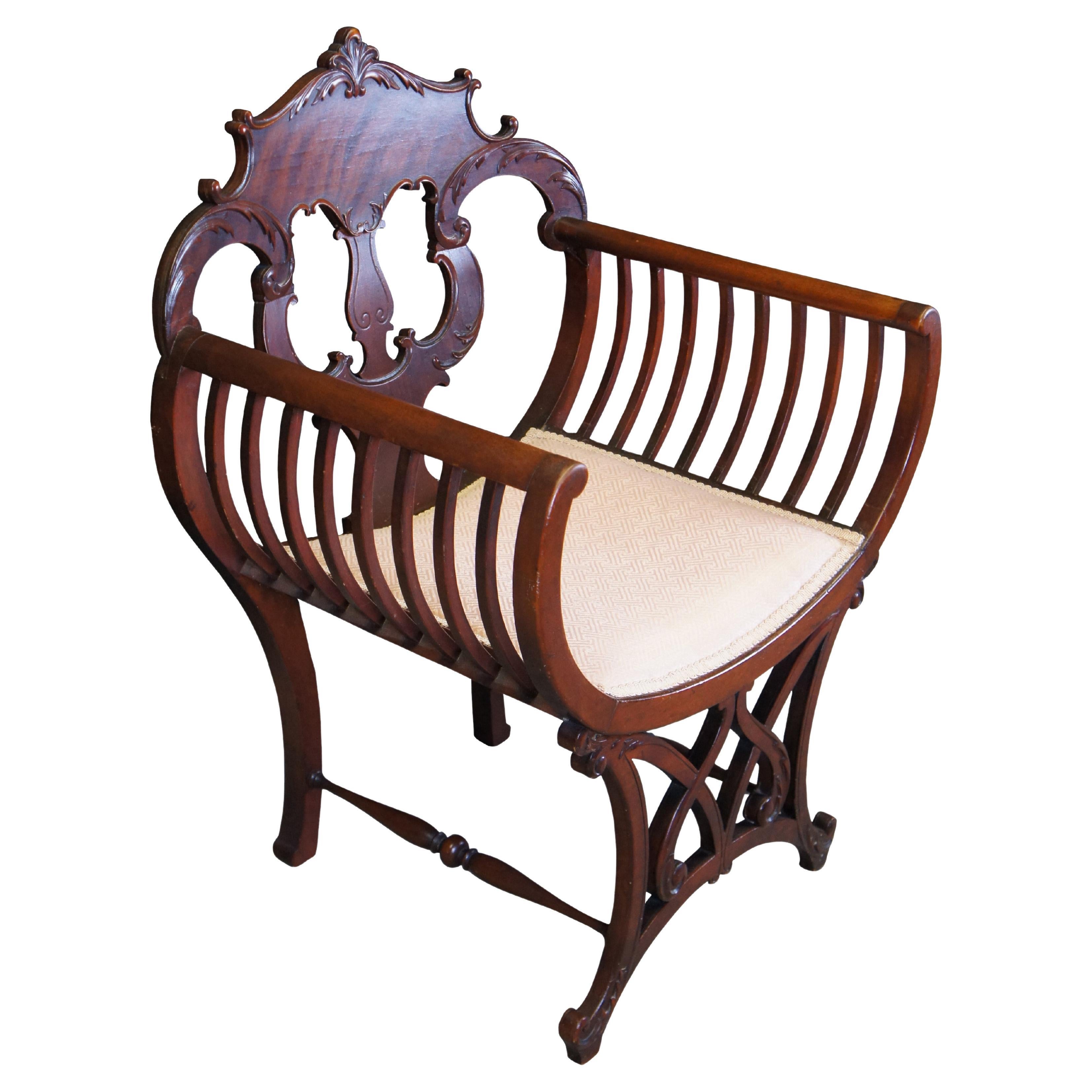 Antique Mahogany Pierced Slatted Acanthus Curule Saddle Seat Armchair For Sale