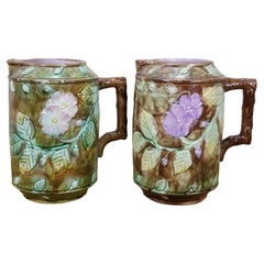 Antique Majolica French Barbotine Dog Rose Flower Blossom Water Pitcher Jug 10" Antique Majolica French Barbotine Dog Rose Flower Blossom Water Pitcher Jug 10"