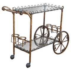 Vintage Hollywood Regency Neoclassical Gilt Rolling Iron Glass Bar Cart Trolley