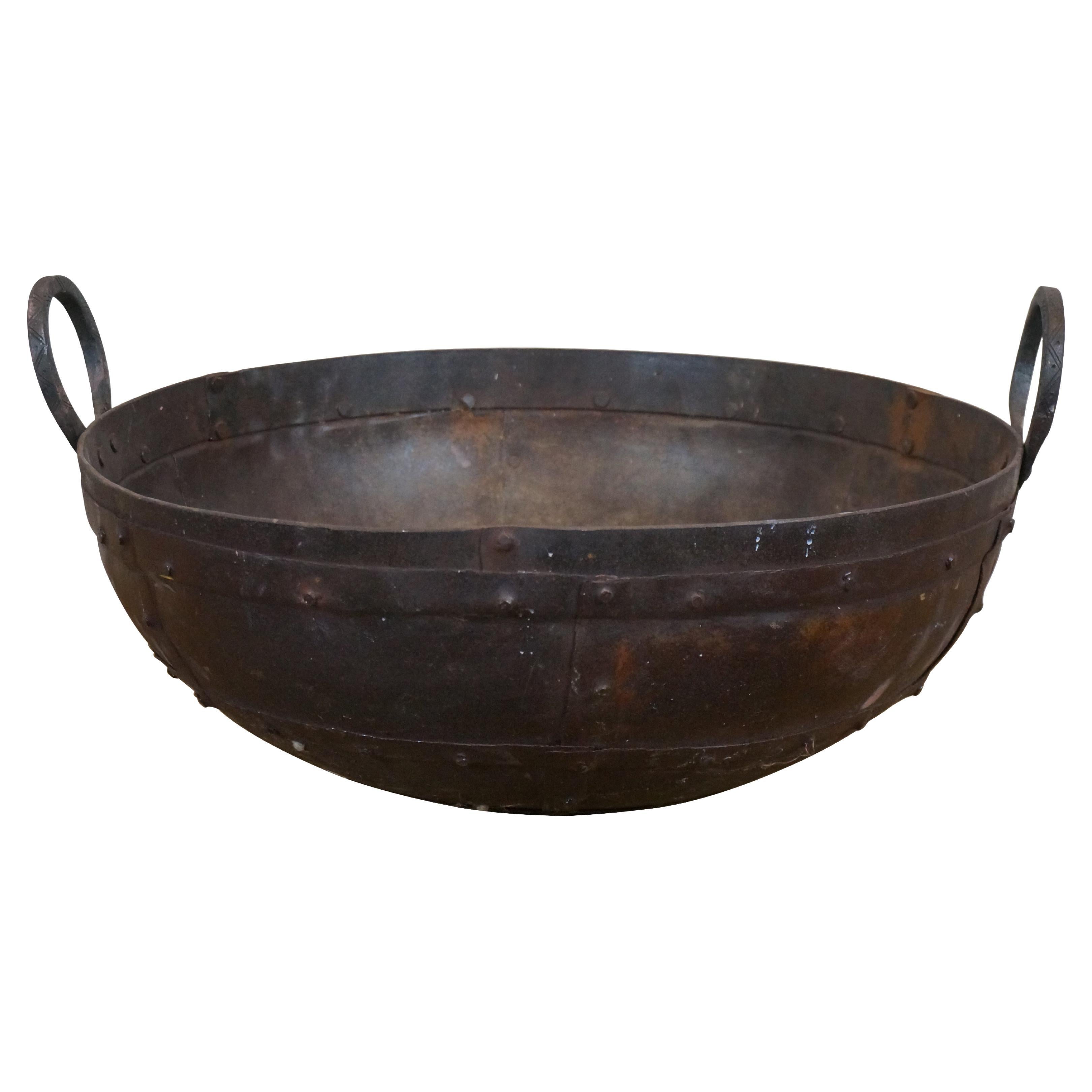 Large Indian Two Handle Iron Kadai Fire Pit Cooking Frying Bowl Pot Wok 22"