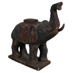 Vintage Carved Wood Indian Elephant Lucky Raised Trunk Statue Sculpture 20"