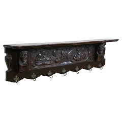Belgian Carved Oak Wall Hanger Hall Shelf Coat Tree Hat Rack 43"