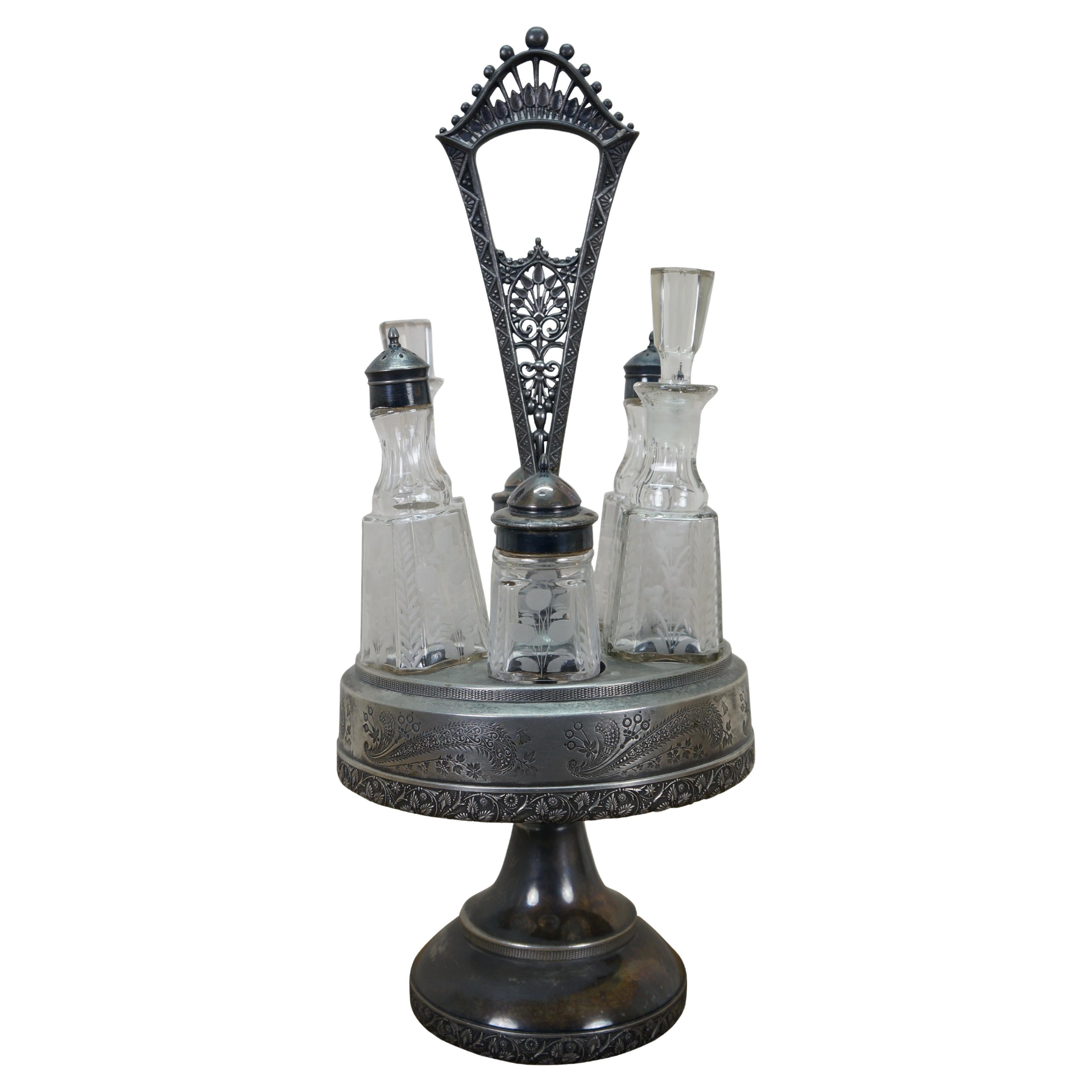 Antike viktorianische Silber Platte Floral geätzt rotierende Cruet Condiment Set 19" im Angebot