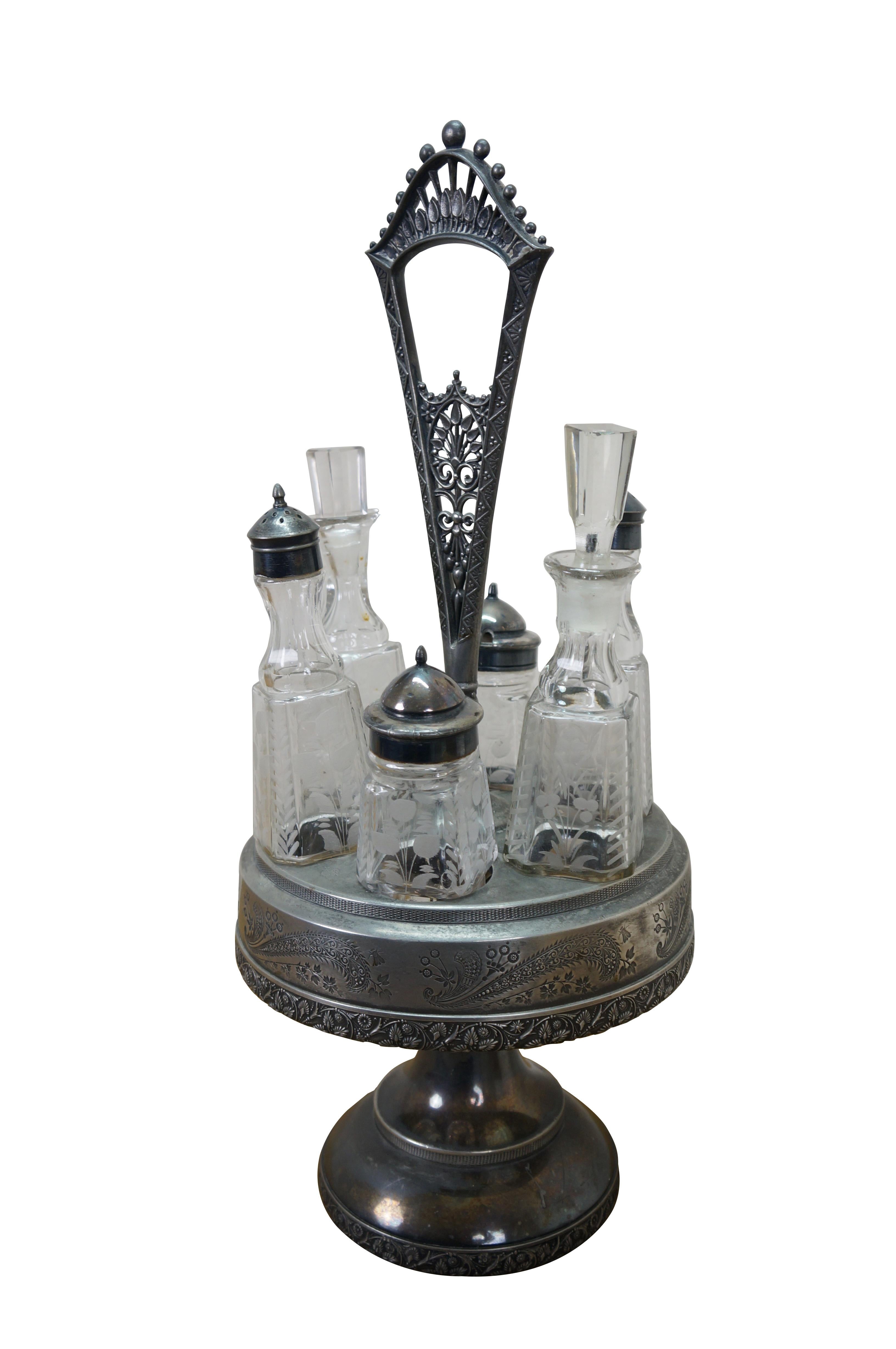 Antike viktorianische Silber Platte Floral geätzt rotierende Cruet Condiment Set 19