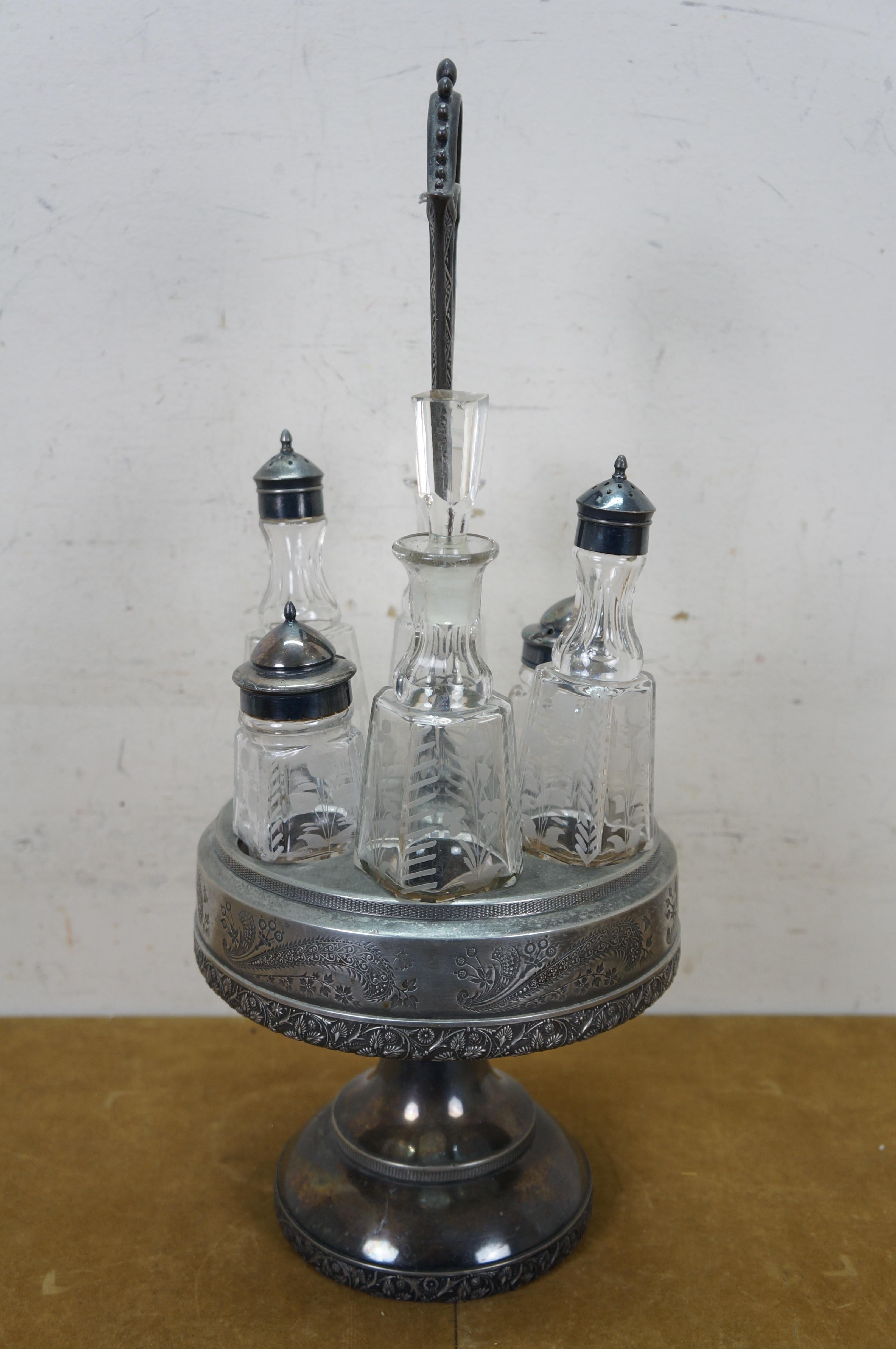 Antike viktorianische Silber Platte Floral geätzt rotierende Cruet Condiment Set 19