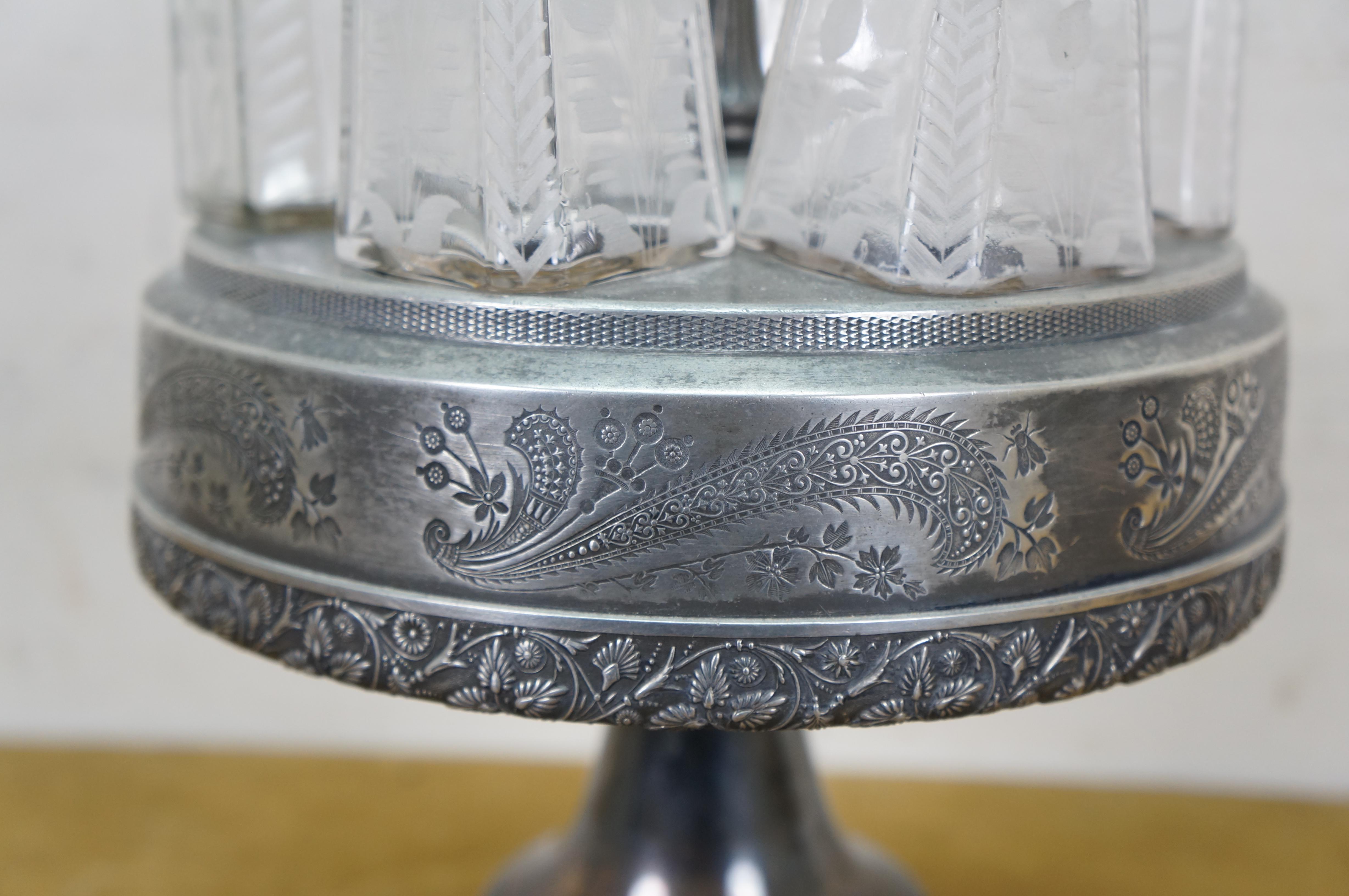 Antike viktorianische Silber Platte Floral geätzt rotierende Cruet Condiment Set 19