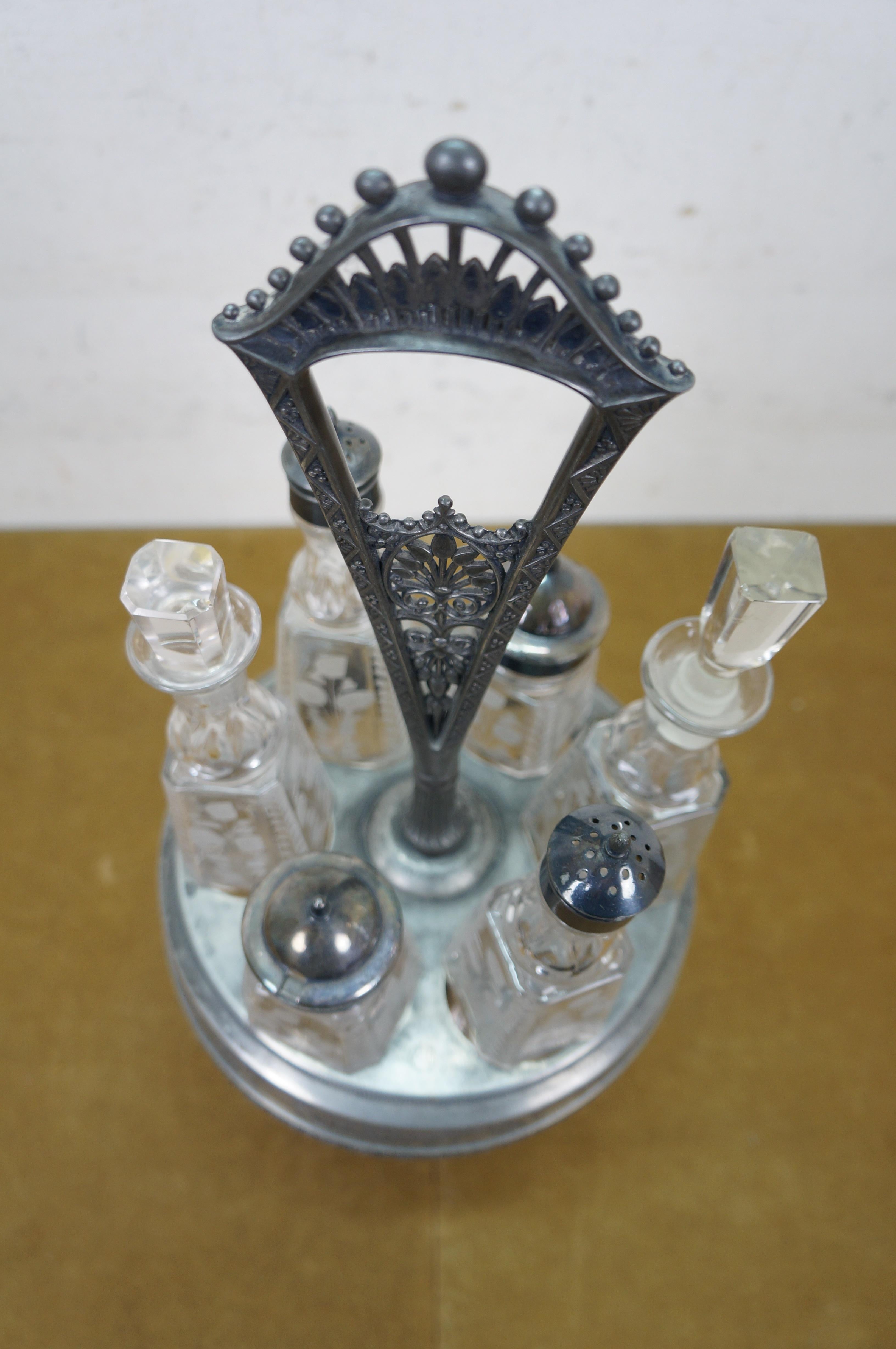 Antike viktorianische Silber Platte Floral geätzt rotierende Cruet Condiment Set 19