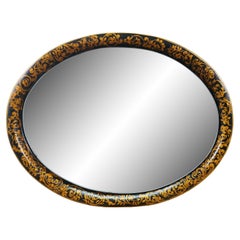 Vintage Black & Gold Oval Mirrored Wall Hanging Toleware Vanity Tray Platter 26"