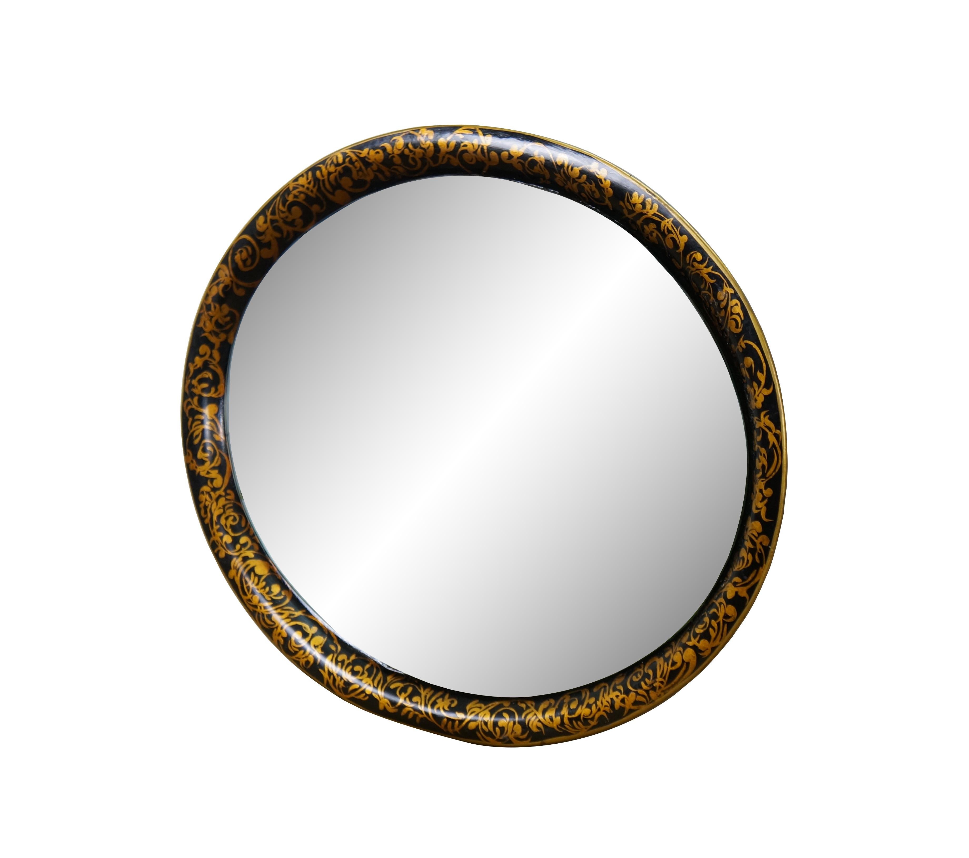 Chinoiserie Vintage Black & Gold Oval Mirrored Wall Hanging Toleware Vanity Tray Platter 26