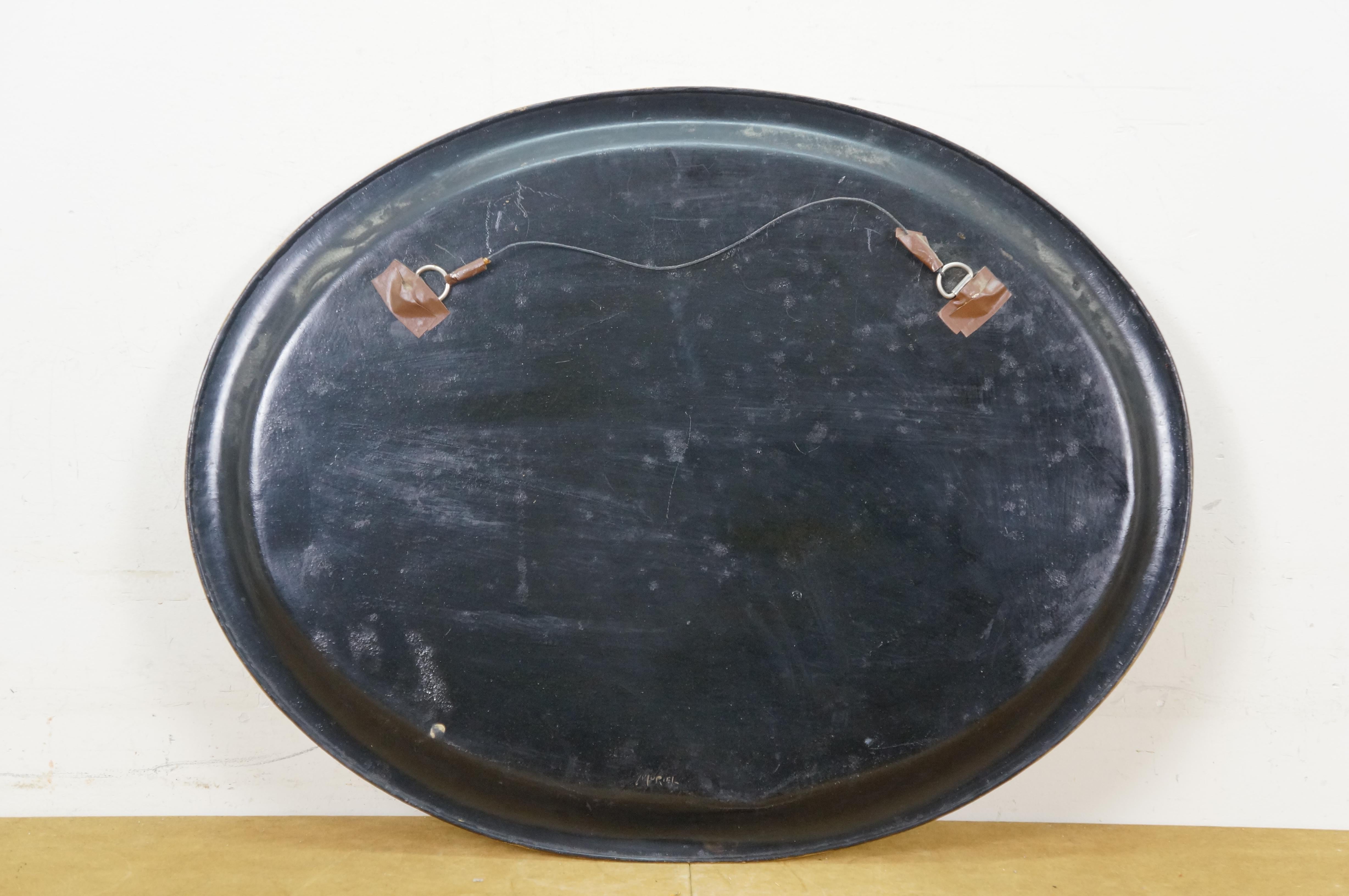 Vintage Black & Gold Oval Mirrored Wall Hanging Toleware Vanity Tray Platter 26