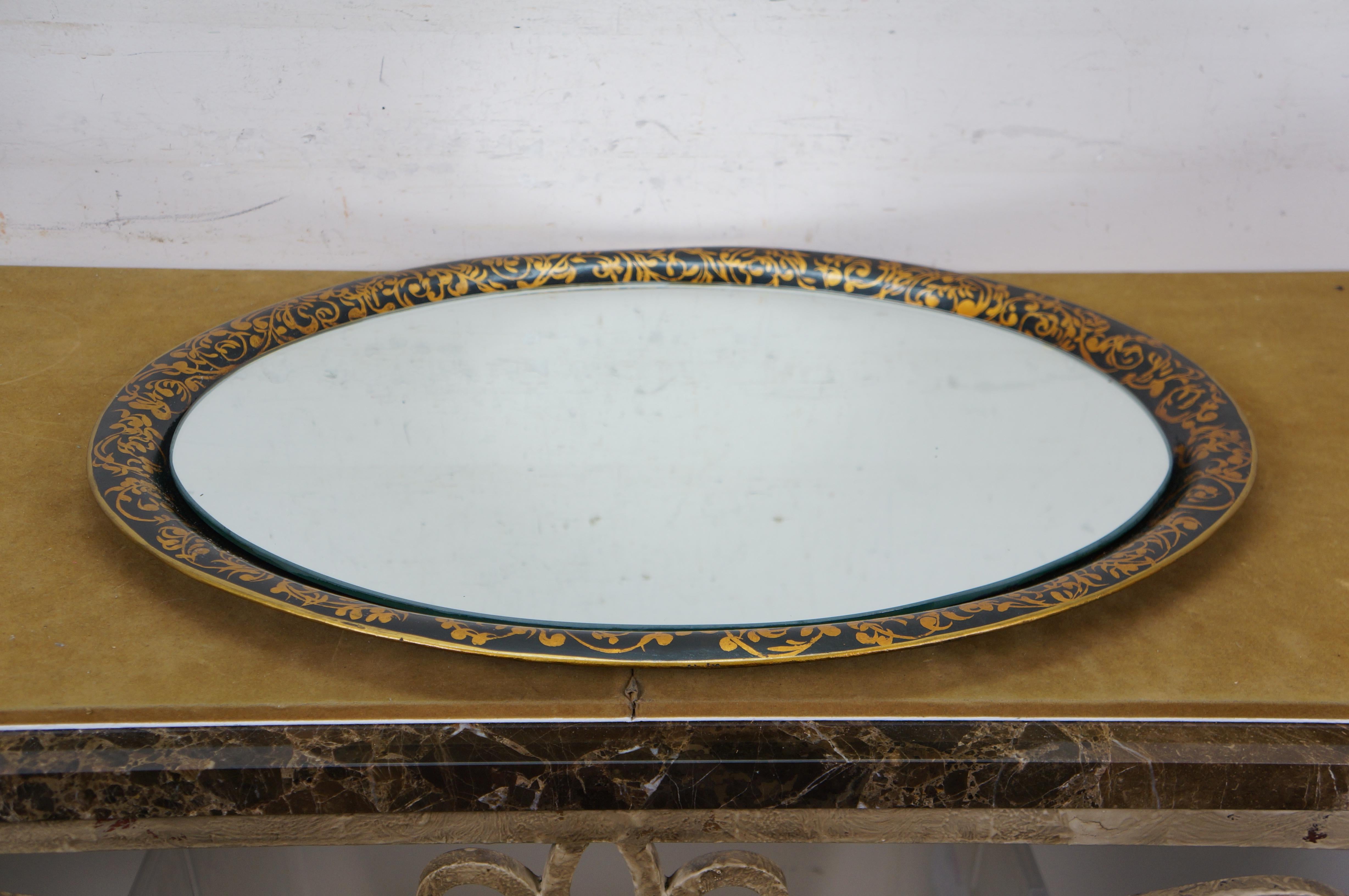 Vintage Black & Gold Oval Mirrored Wall Hanging Toleware Vanity Tray Platter 26