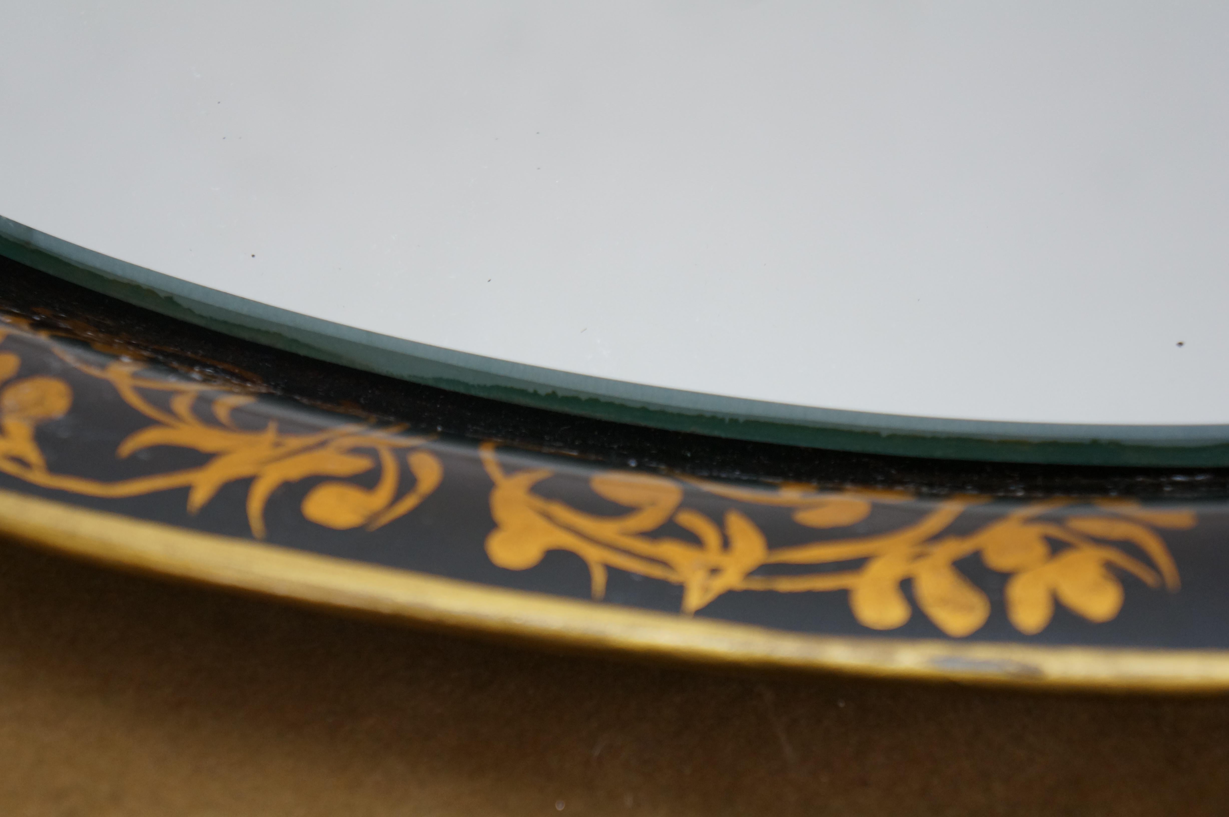 Vintage Black & Gold Oval Mirrored Wall Hanging Toleware Vanity Tray Platter 26