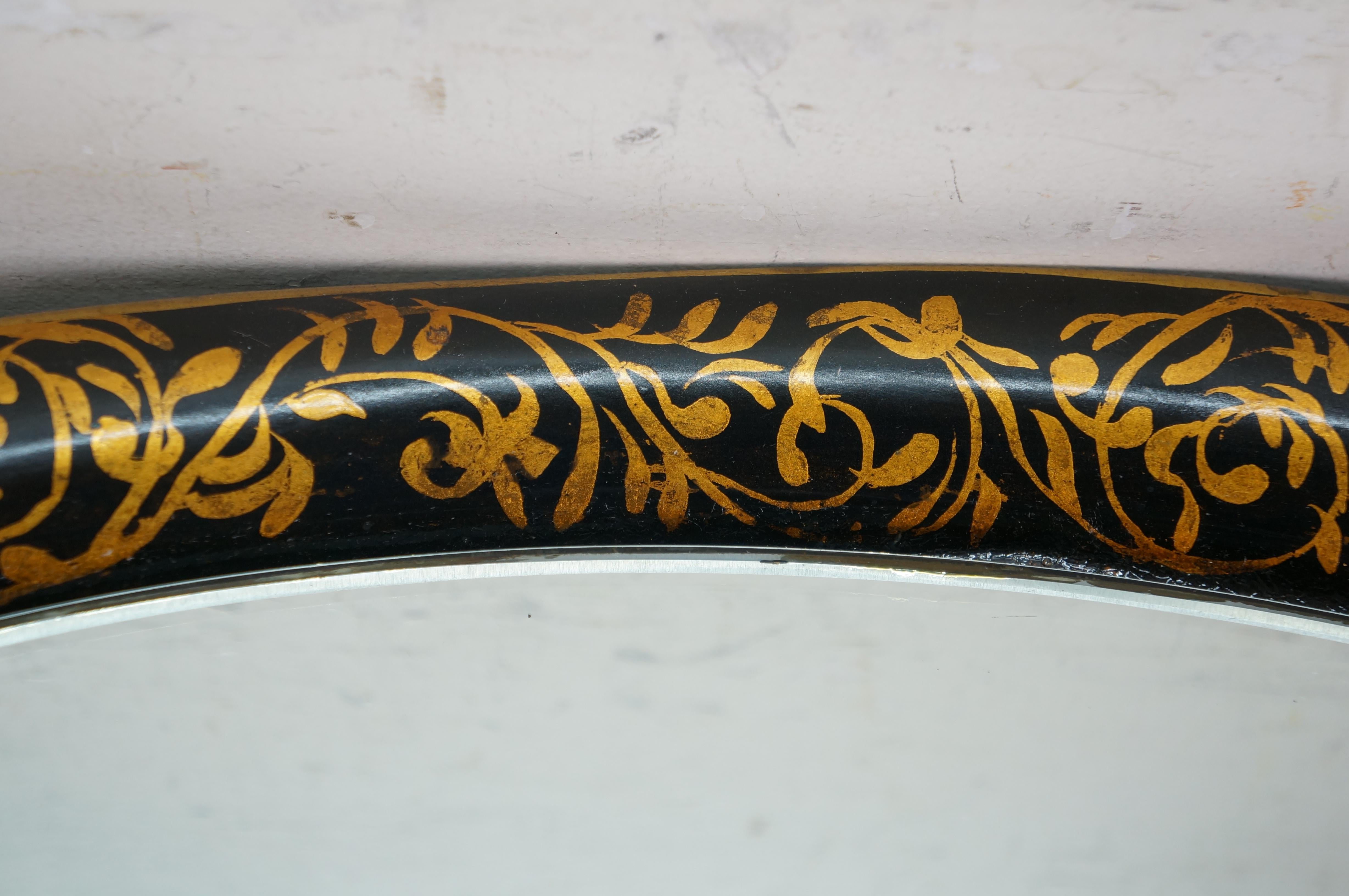 Vintage Black & Gold Oval Mirrored Wall Hanging Toleware Vanity Tray Platter 26
