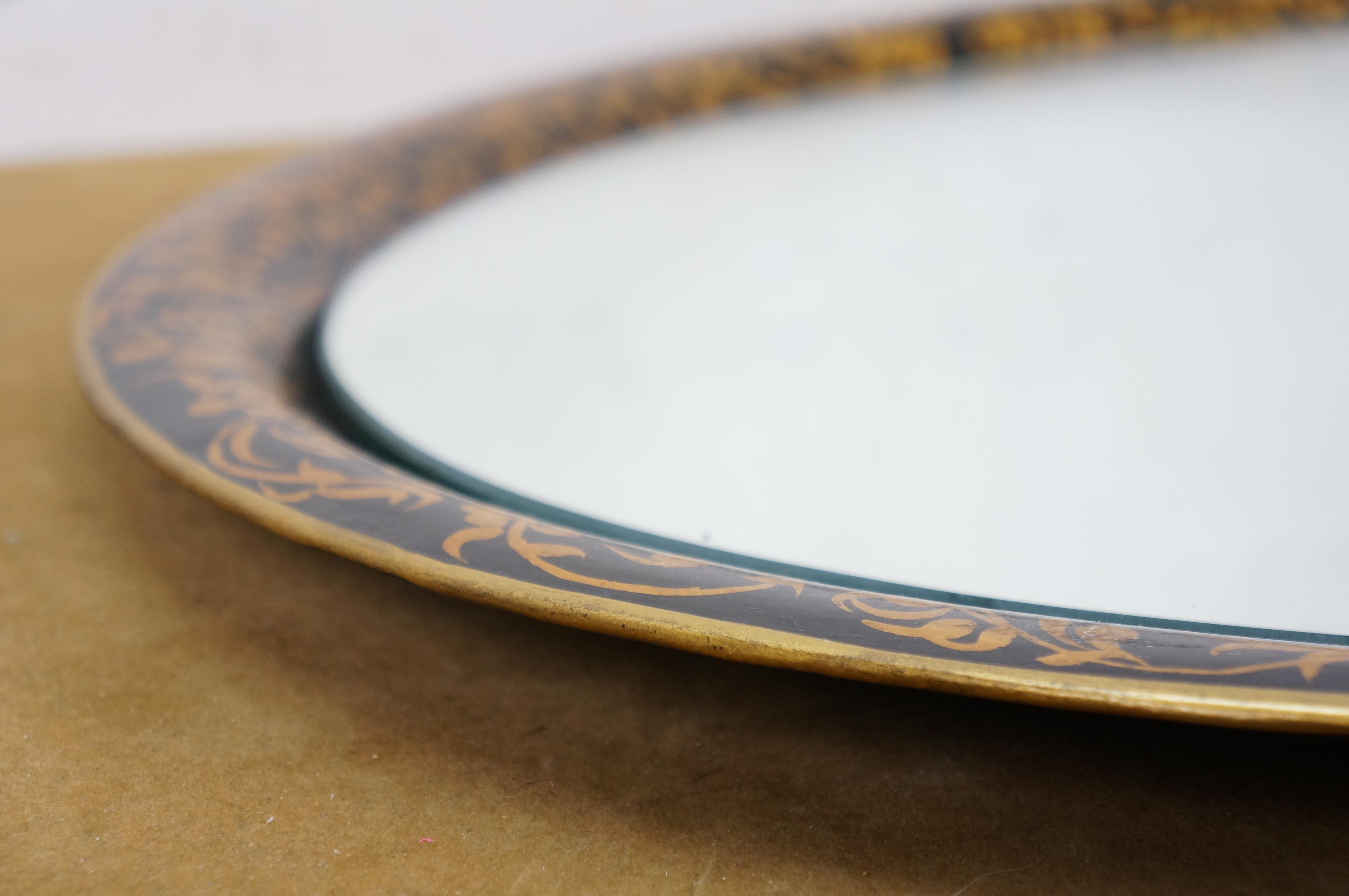 Vintage Black & Gold Oval Mirrored Wall Hanging Toleware Vanity Tray Platter 26