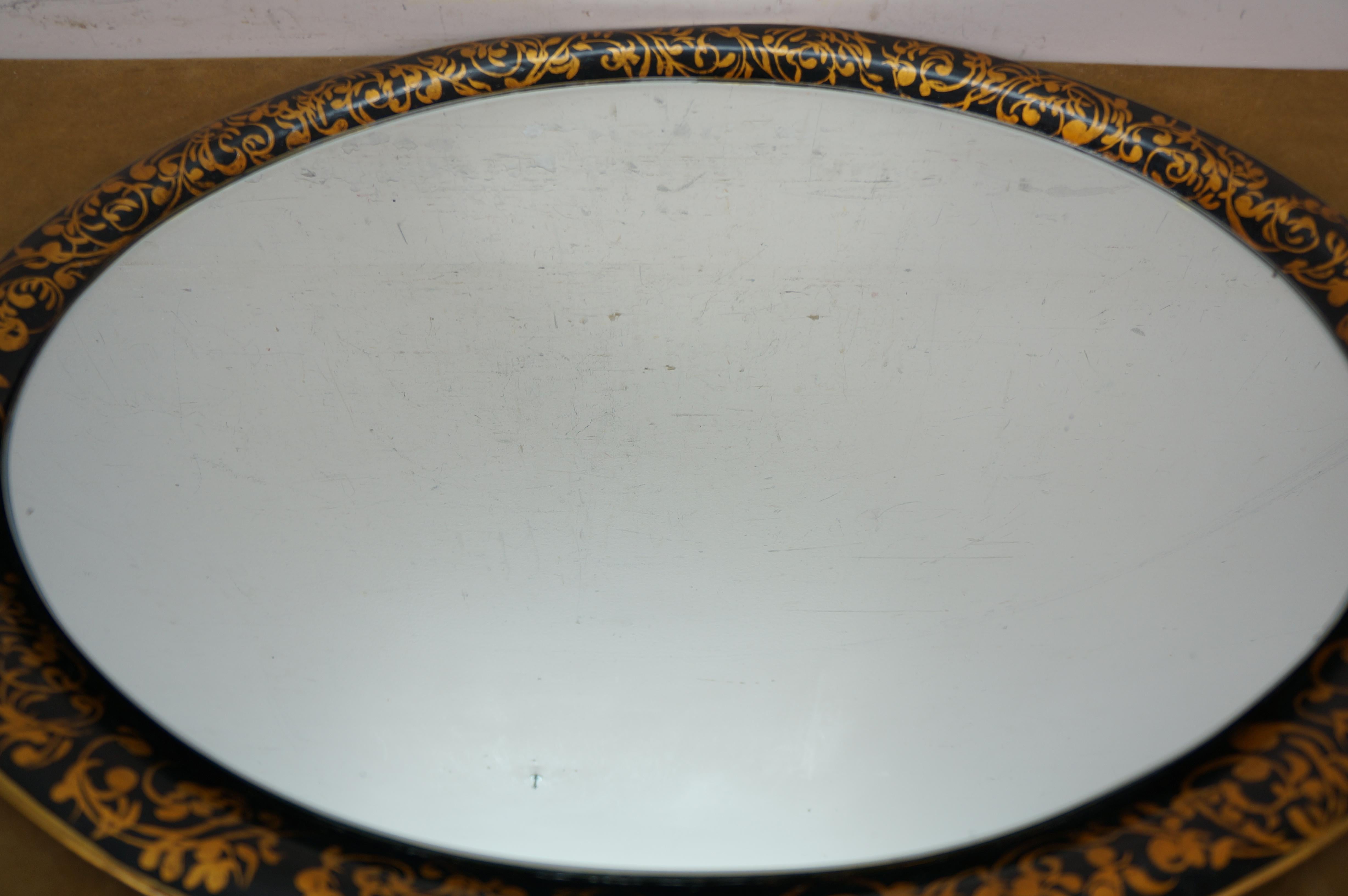Vintage Black & Gold Oval Mirrored Wall Hanging Toleware Vanity Tray Platter 26