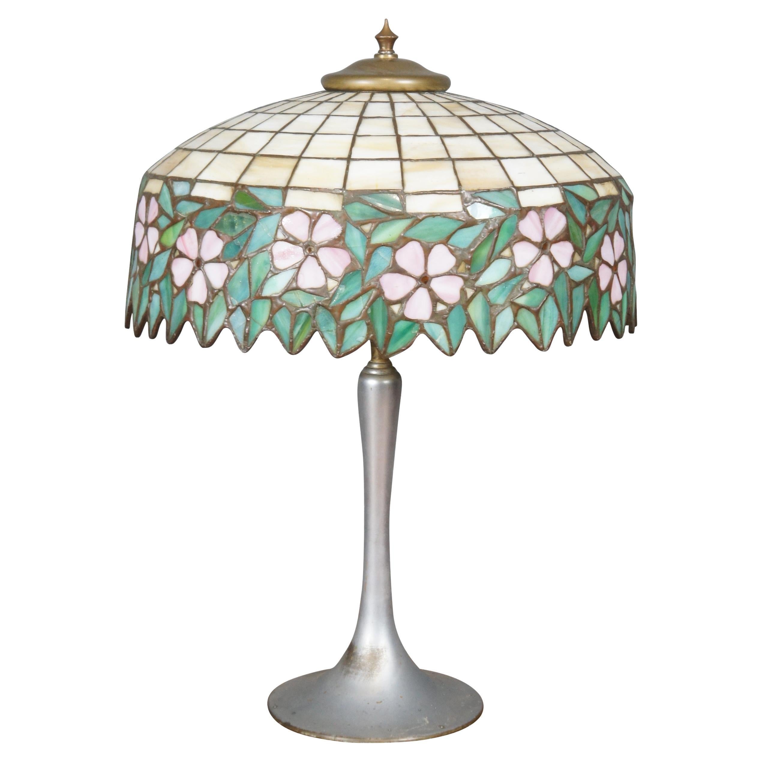 Antique Tiffany Style Stained Art Glass Pink Floral Leaded Slag Table Lamp 23"