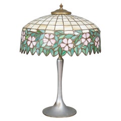 Antique Tiffany Style Stained Art Glass Pink Floral Leaded Slag Table Lamp 23"