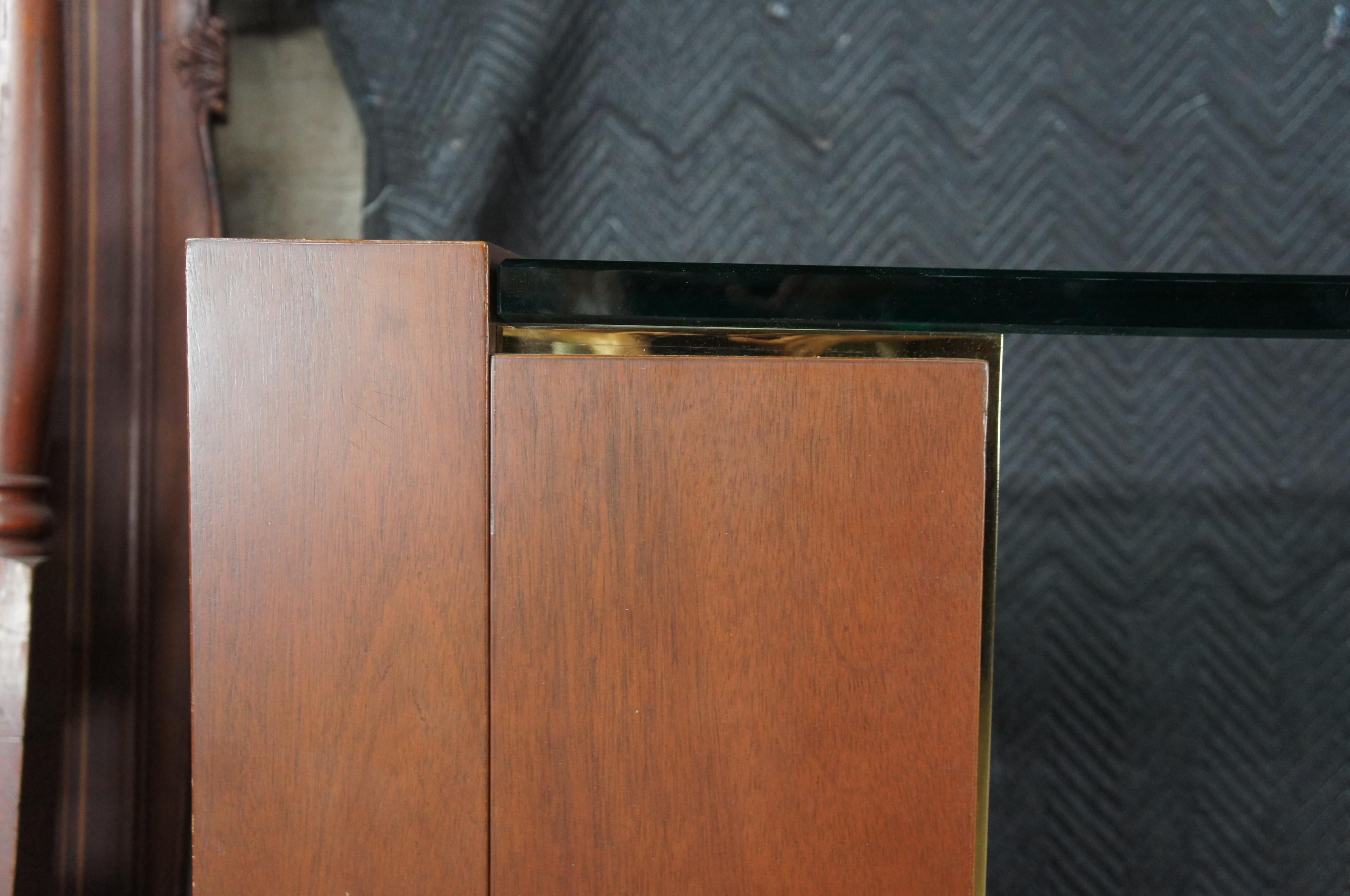 Brass Large Post Modern Mahogany & Polished Glass Console Hall Sofa Table Sideboard For Sale