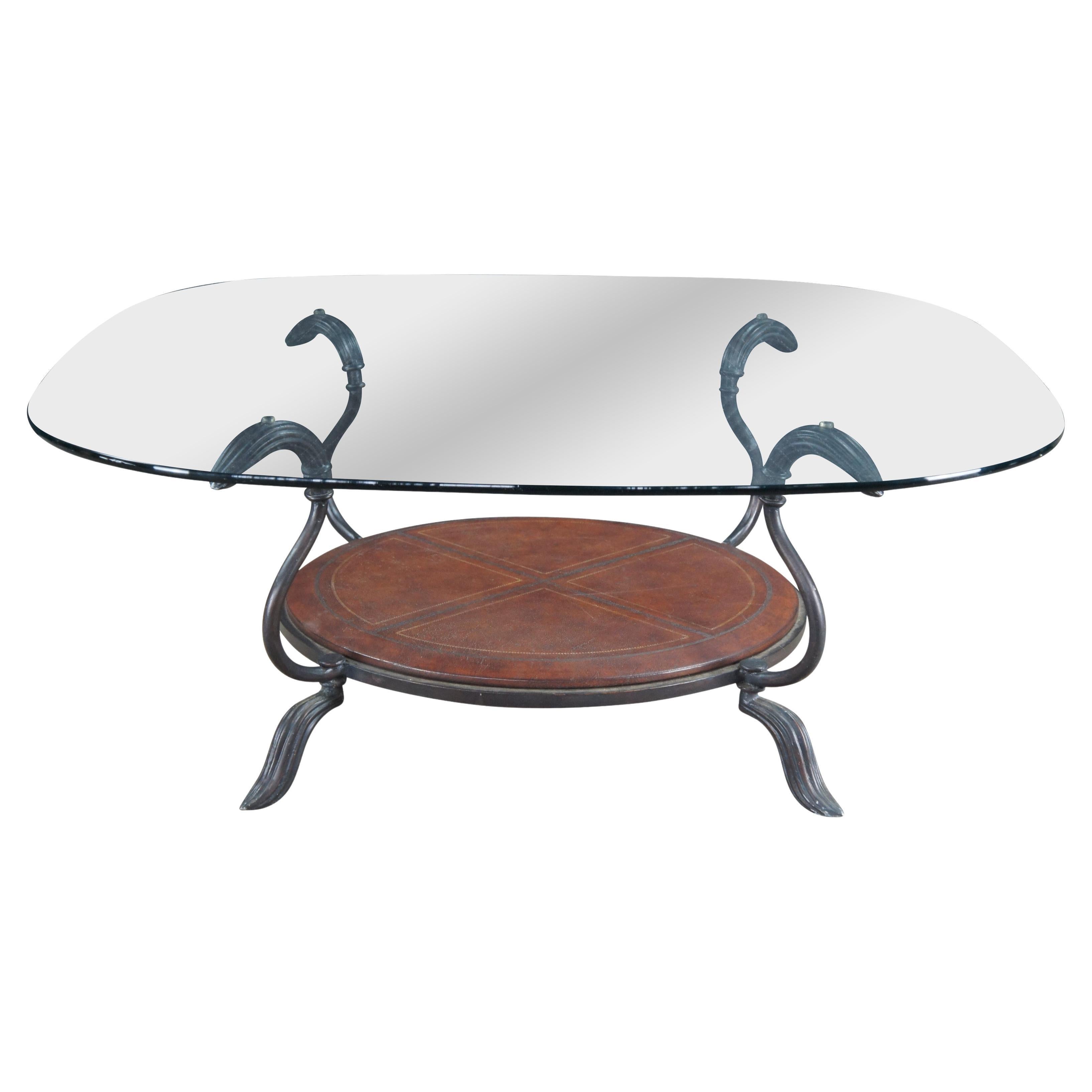 La Barge Table Cocktail Tables à étages en fer, cuir tolélé et verre poli 42 en vente
