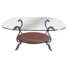 La Barge Tooled Leather Iron & Polished Glass Tiered Coffee Cocktail Table 42"