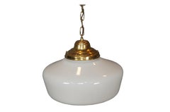 Vintage Brass Milk Glass Schoolhouse Hanging Pendant Swag Light Chandelier