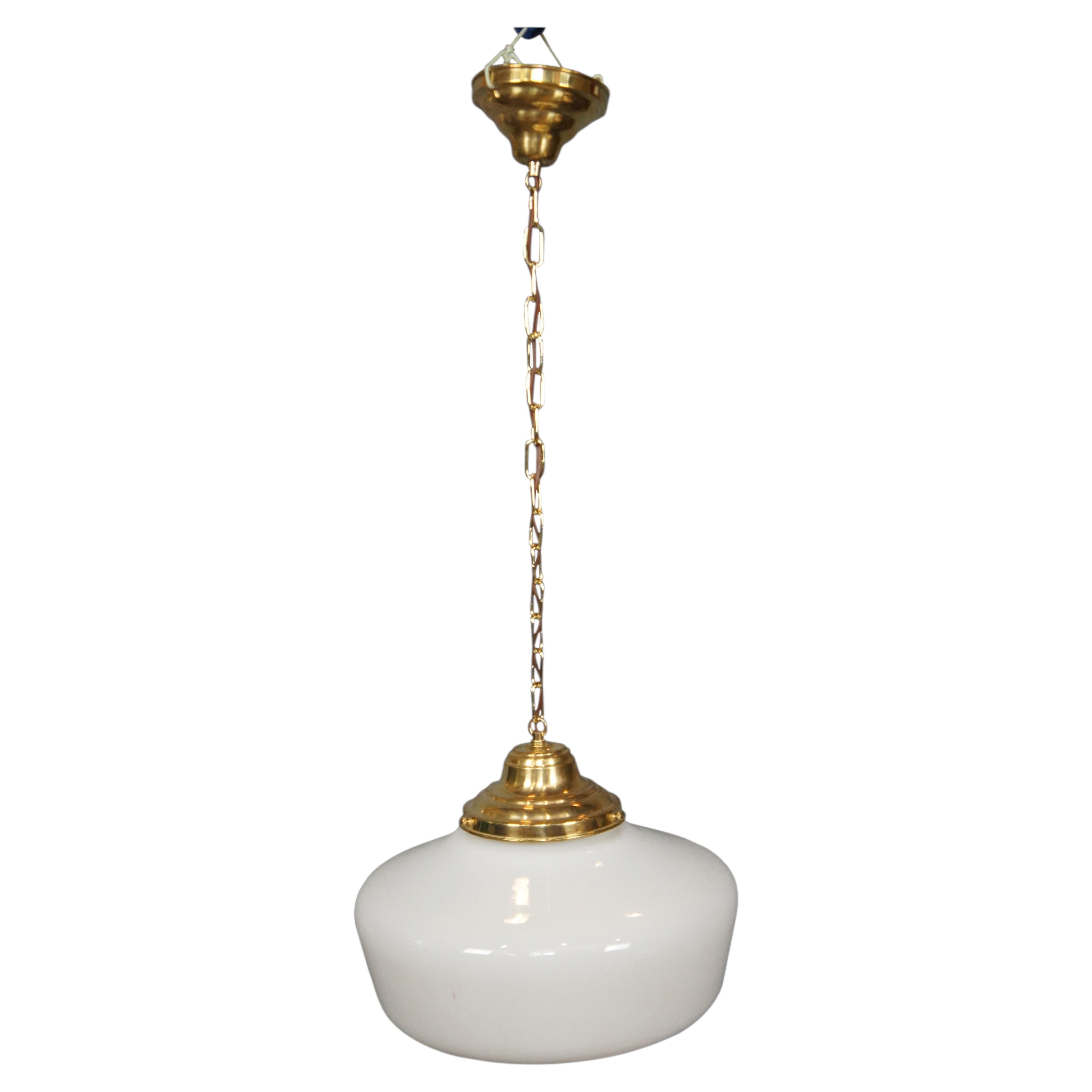 Vintage Brass Milk Glass Schoolhouse Hanging Pendant Swag Light Chandelier
