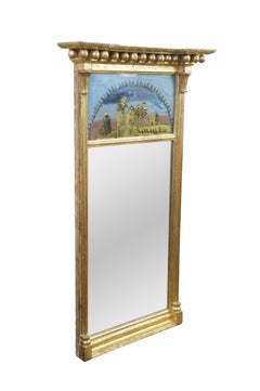 Antique Federal Regency Giltwood Trumeau Eglomise Reverse Painted Pier Mirror