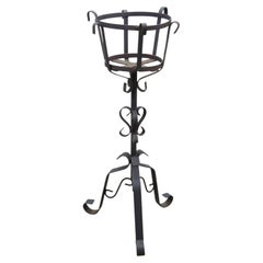 Vintage Brutalist Gothic Wrought Iron Plant Stand Scroll Tripod Pot Holder 24"