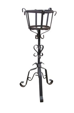 Vintage Brutalist Gothic Wrought Iron Plant Stand Scroll Tripod Pot Holder 24"