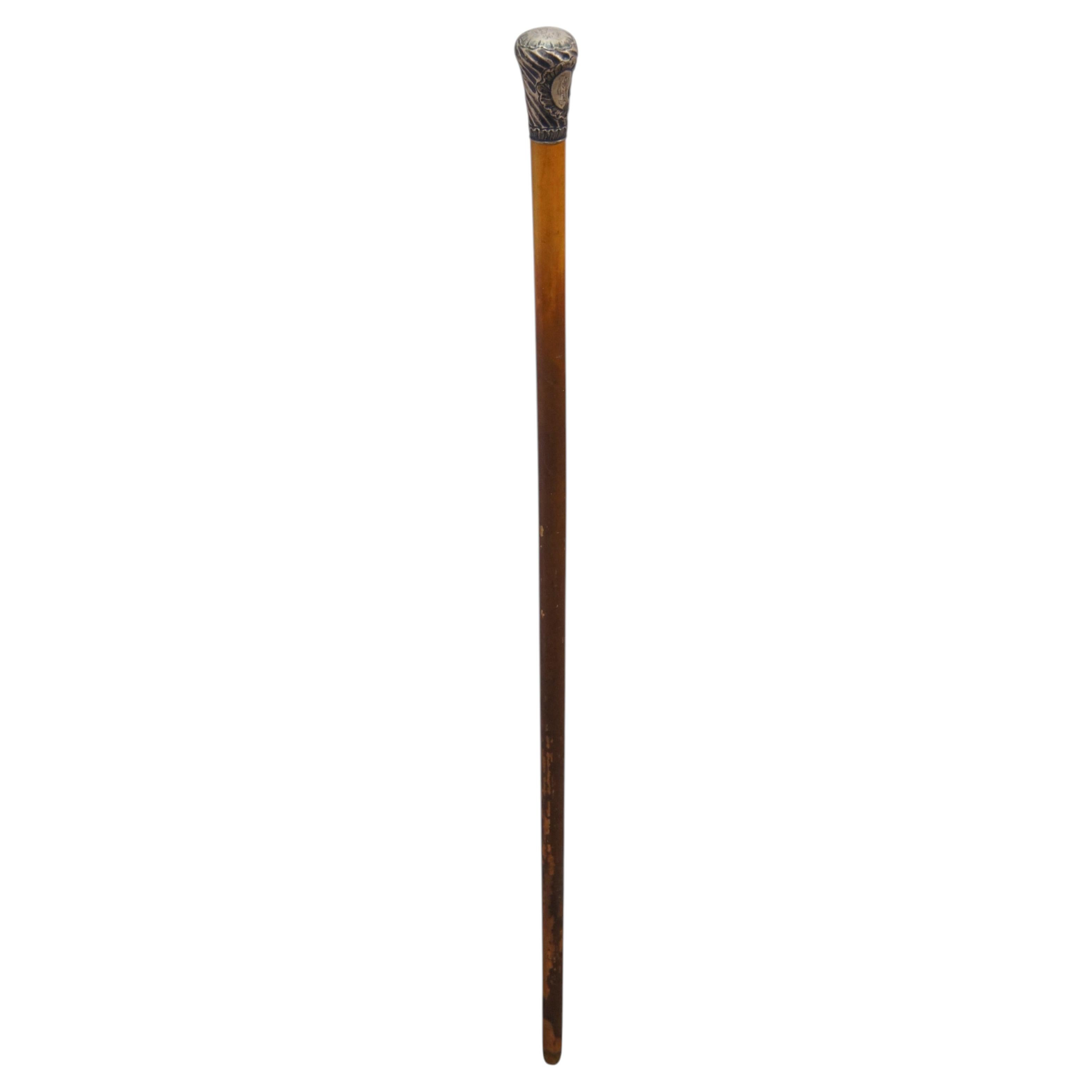 Bastone da passeggio antico francese in stile vittoriano del 1887, in argento sterling con manico in legno di quercia, 35"